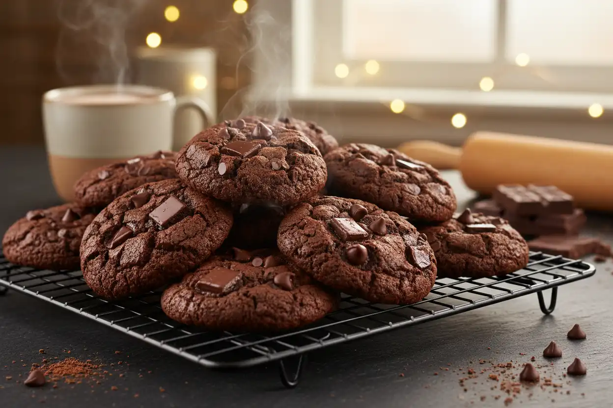 chocolate cookies with chocolate, chocolate chip cookies, chocolate cookie recipe, double chocolate cookies, easy chocolate cookies, homemade chocolate cookies, fudgy chocolate cookies, rich chocolate cookies