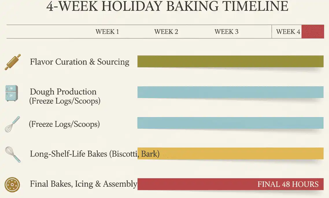 4-Week Holiday Baking Timeline Gantt Chart showing dough freezing, dry mix prep, baking days, and packaging