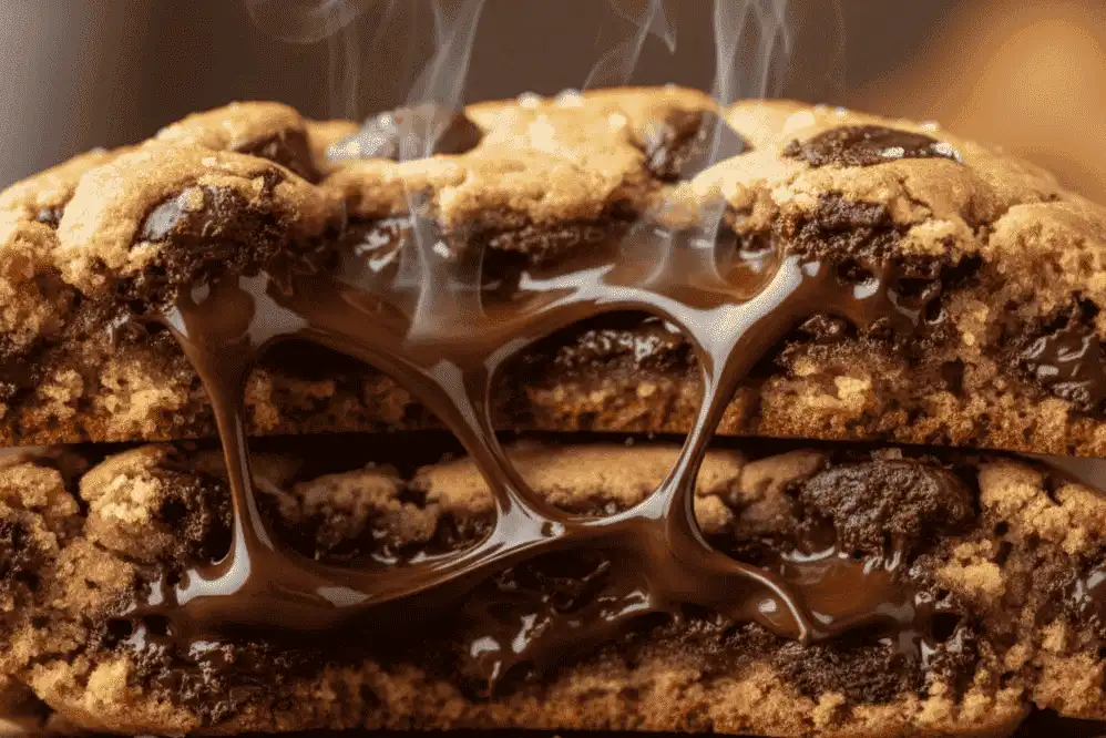 A fresh cookie broken in half showing a soft, moist, thick center with melted chocolate