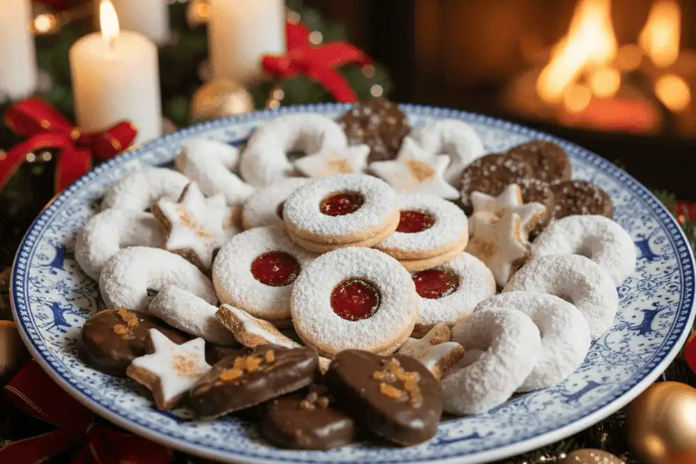 A traditional Bunter Teller display featuring arranged spice cookies, powdered crescents, jam cutouts, and star cookies on a festive porcelain plate
