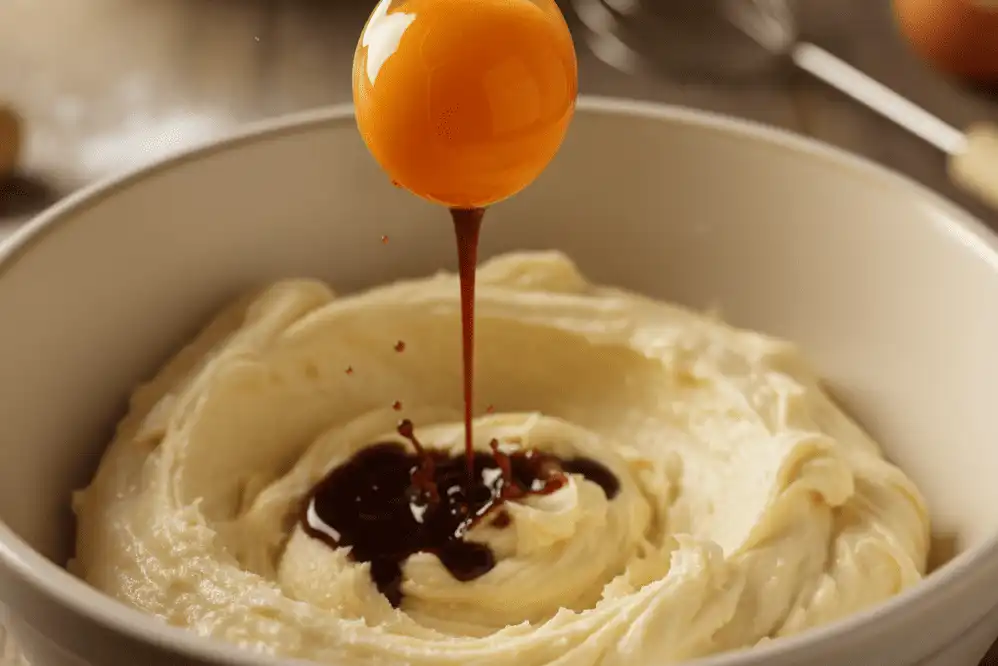 Adding eggs, milk, and vanilla to the creamed shortening mixture