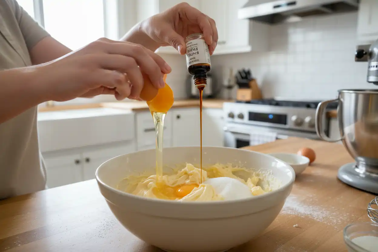 Adding room-temperature egg and vanilla extract to the creamed butter mixture