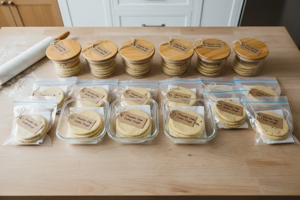 Airtight glass containers and labeled freezer bags packed with layers of gluten-free cookie dough discs separated by wax paper