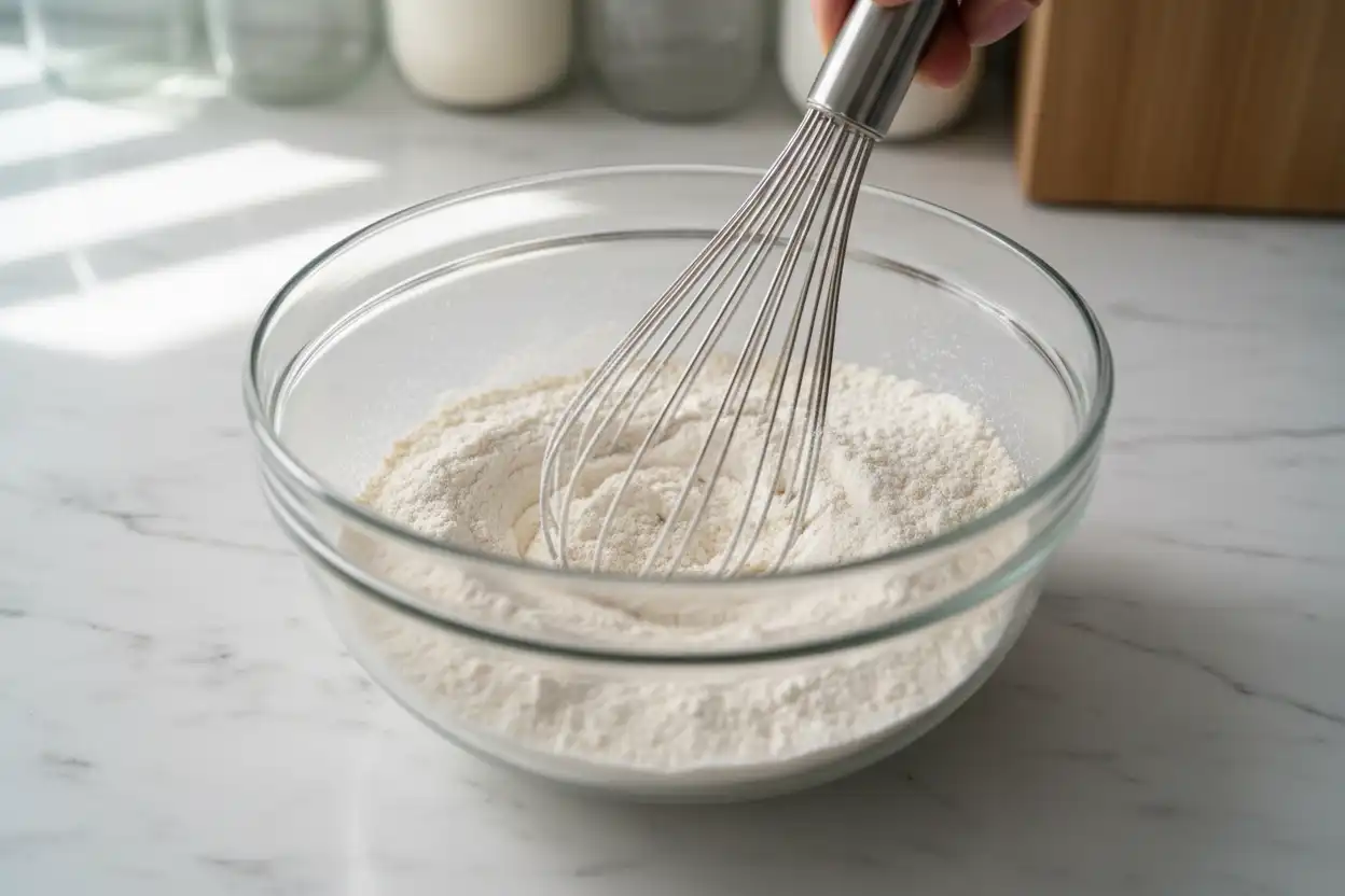 Bowl containing blanched almond flour, xanthan gum, and baking soda being whisked together