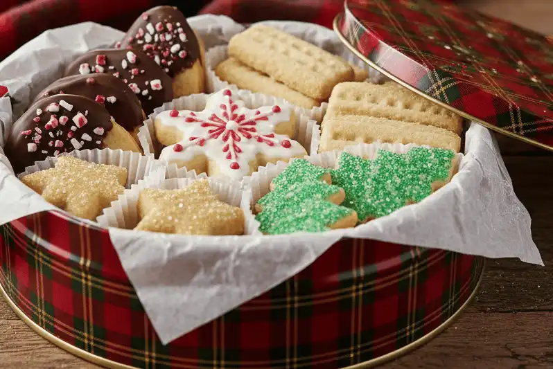 Classic metal holiday tin packed with assorted decorated shortbread cookies separated by wax paper