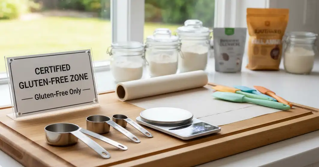 Clean baking station with a designated gluten-free label, stainless steel measuring tools, and fresh parchment paper