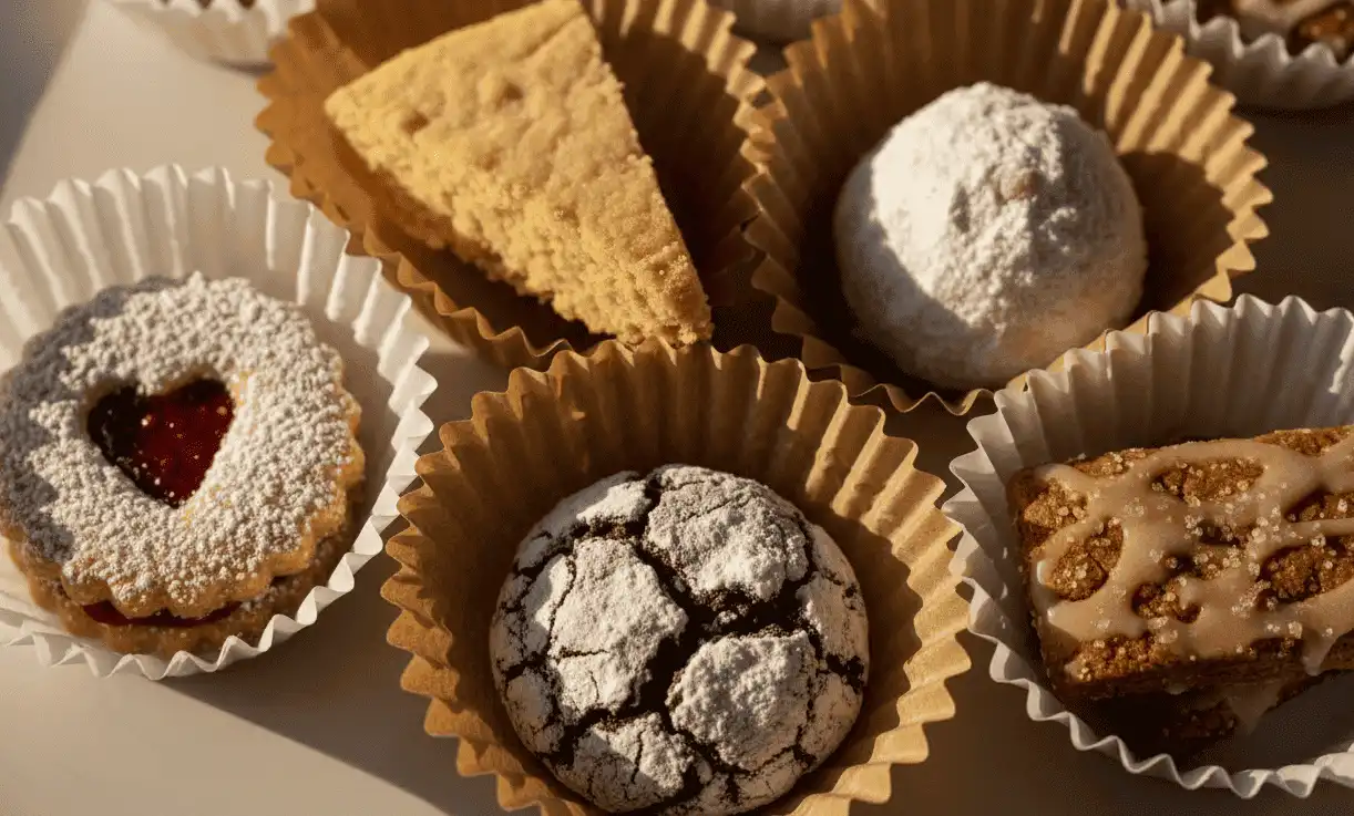 Close-up of 5 distinct cookie styles neatly arranged in individual paper cups
