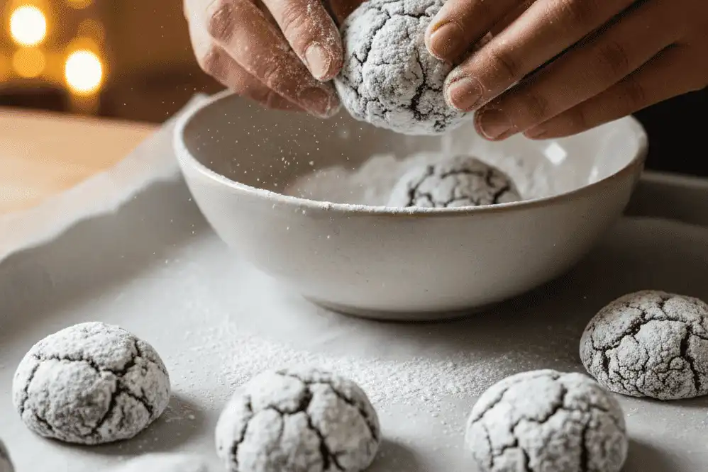 Close-up of cookie dough balls being rolled in powdered sugar and placed onto a parchment-lined baking pan