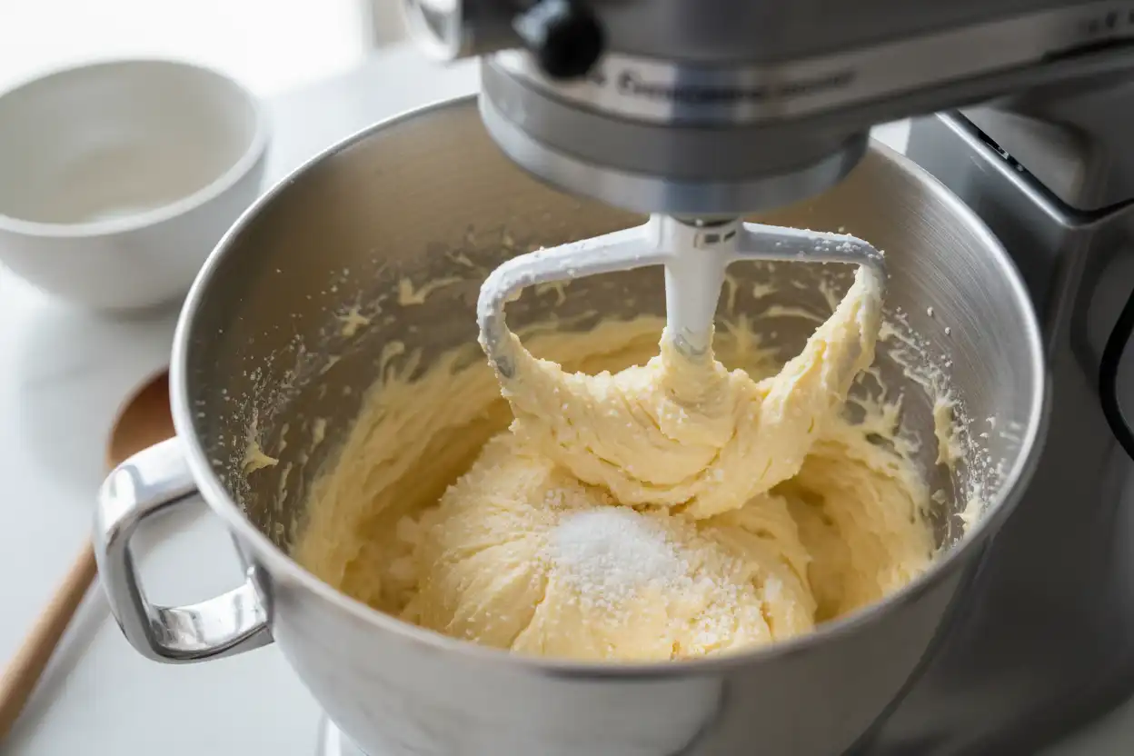Creaming softened butter with allulose in a stand mixer until light and fluffy