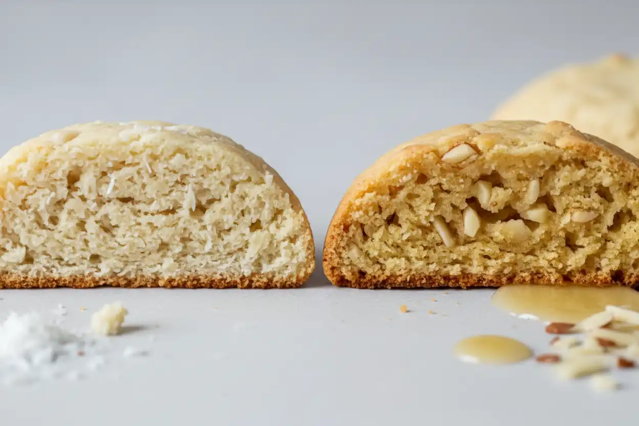 Cross-section comparing the interior crumb structure of an almond flour cookie versus a coconut flour cookie