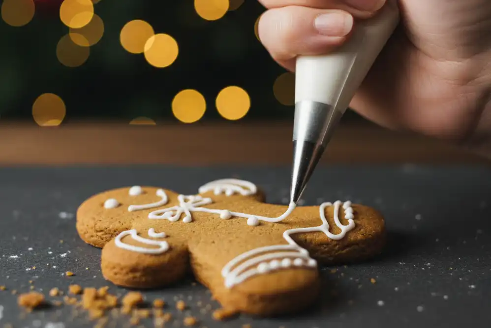 Decorating baked gluten-free gingerbread men with fine lines of white royal icing on a dark slate background