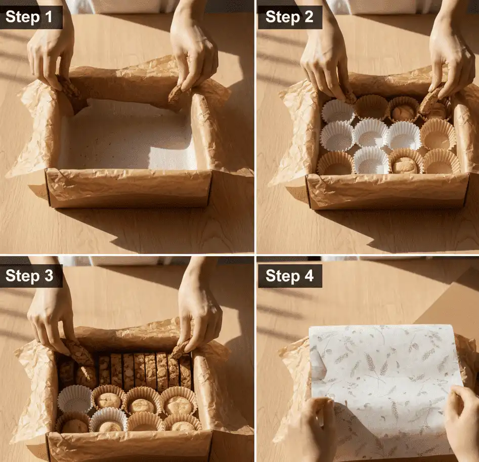 Detailed step-by-step photos illustrating box lining, cup placement, cookie stacking, and top padding