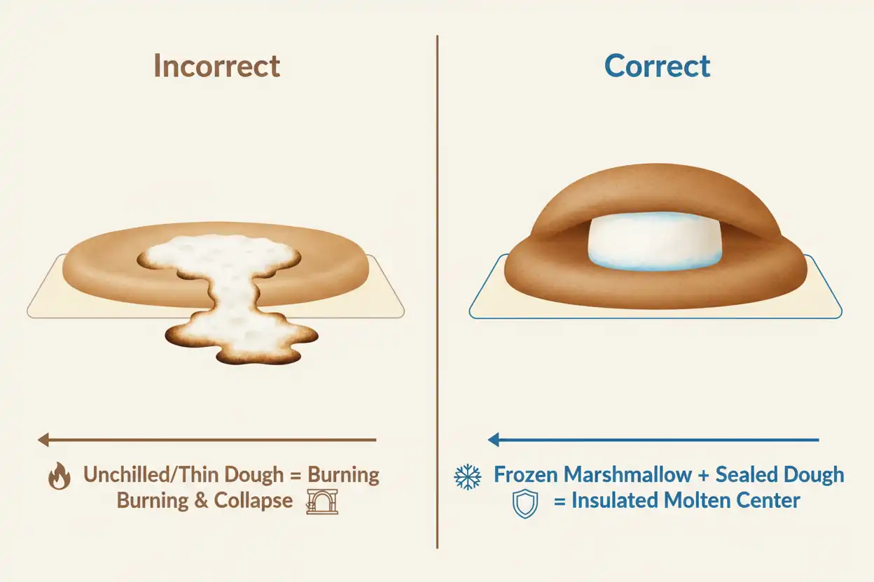Diagram showing dough encapsulation preventing marshmallow caramelization and structural collapse