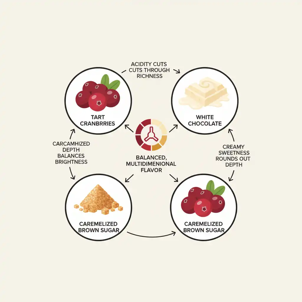 Diagram showing flavor balancing between tart cranberries, rich white chocolate, and caramelized brown sugar