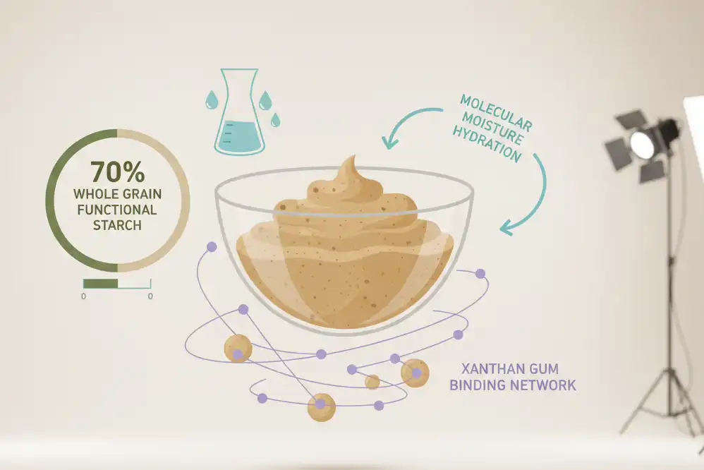 Diagram showing the 7030 grain-to-starch ratio, hydrocolloid binding network, and the hydration resting phase in gluten-free cookie dough