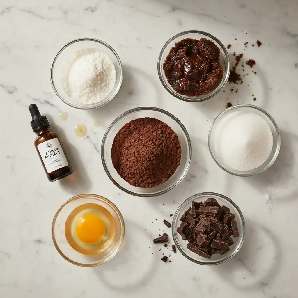 Display of measured dry and wet ingredients including Dutch cocoa, dark brown sugar, and chopped chocolate