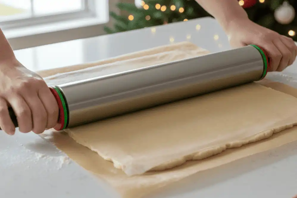 Dough rolled smoothly between parchment sheets using guide rings for even thickness