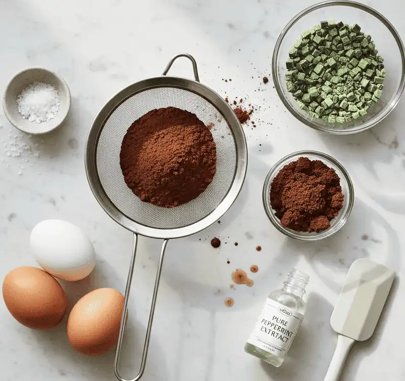 Flat-lay display of measured ingredients including Dutch cocoa, peppermint extract, dark brown sugar, and chopped mint wafers