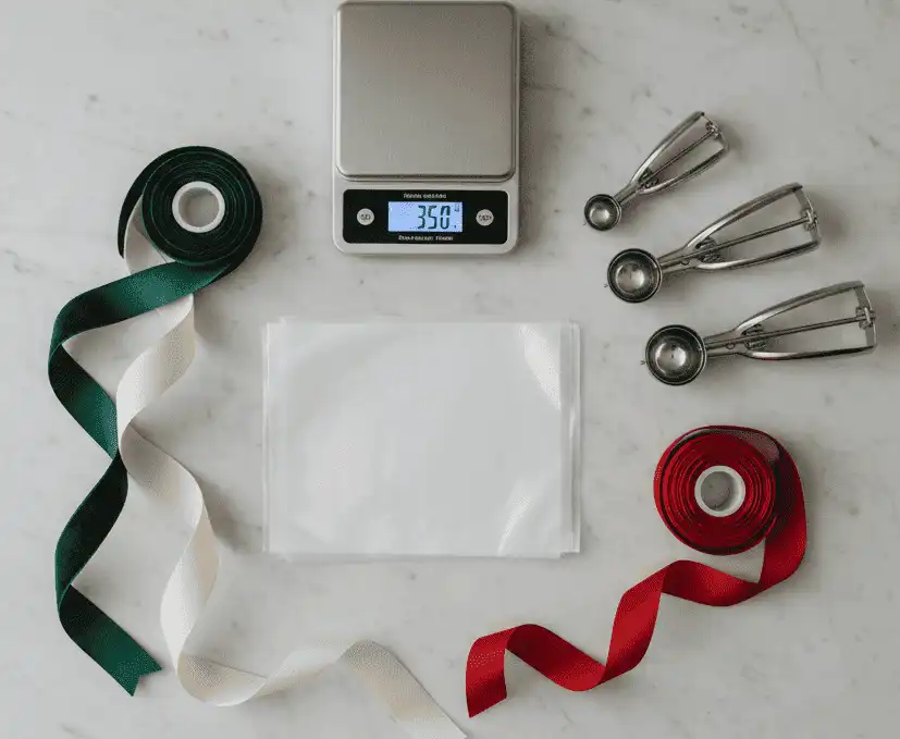 Flat-lay of essential cookie box tools kitchen scale, mechanical portion scoops, glassine liners, and ribbon spools