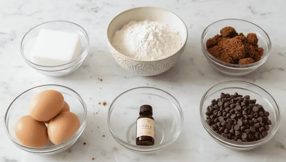 Flat lay of measured ingredients including shortening stick, brown sugar, eggs, flour, and chocolate chips
