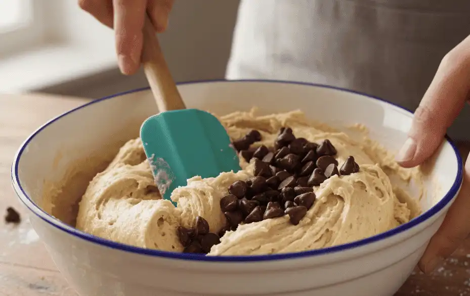 Folding chocolate chips into the soft cookie dough by hand