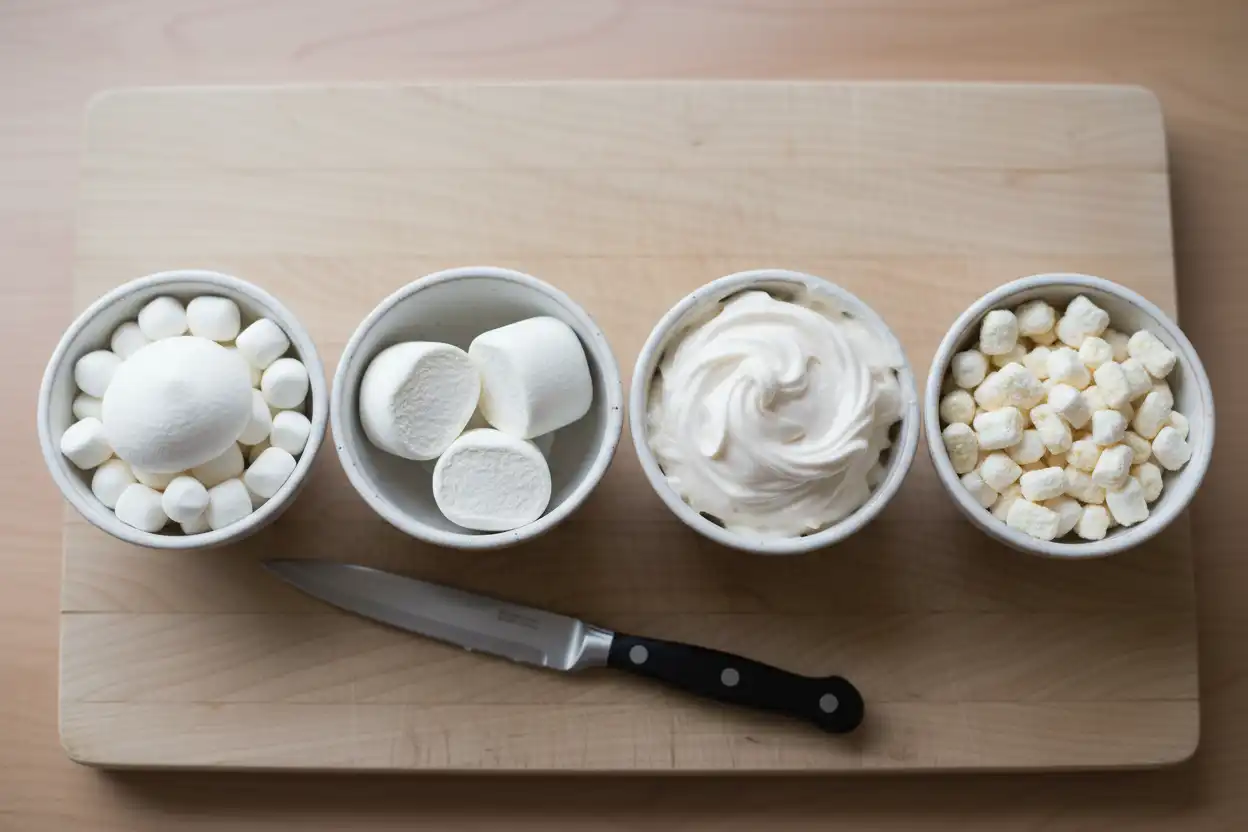 Four different marshmallows side-by-side mini, halved jumbo, frozen fluff scoop, and freeze-dried bits