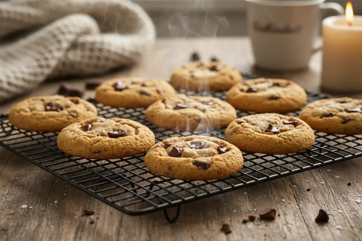 Freshly baked keto chocolate chip cookies resting on a wire cooling rack
