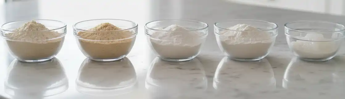Glass bowls arranged in a row displaying brown rice flour, sorghum flour, tapioca starch, potato starch, and xanthan gum