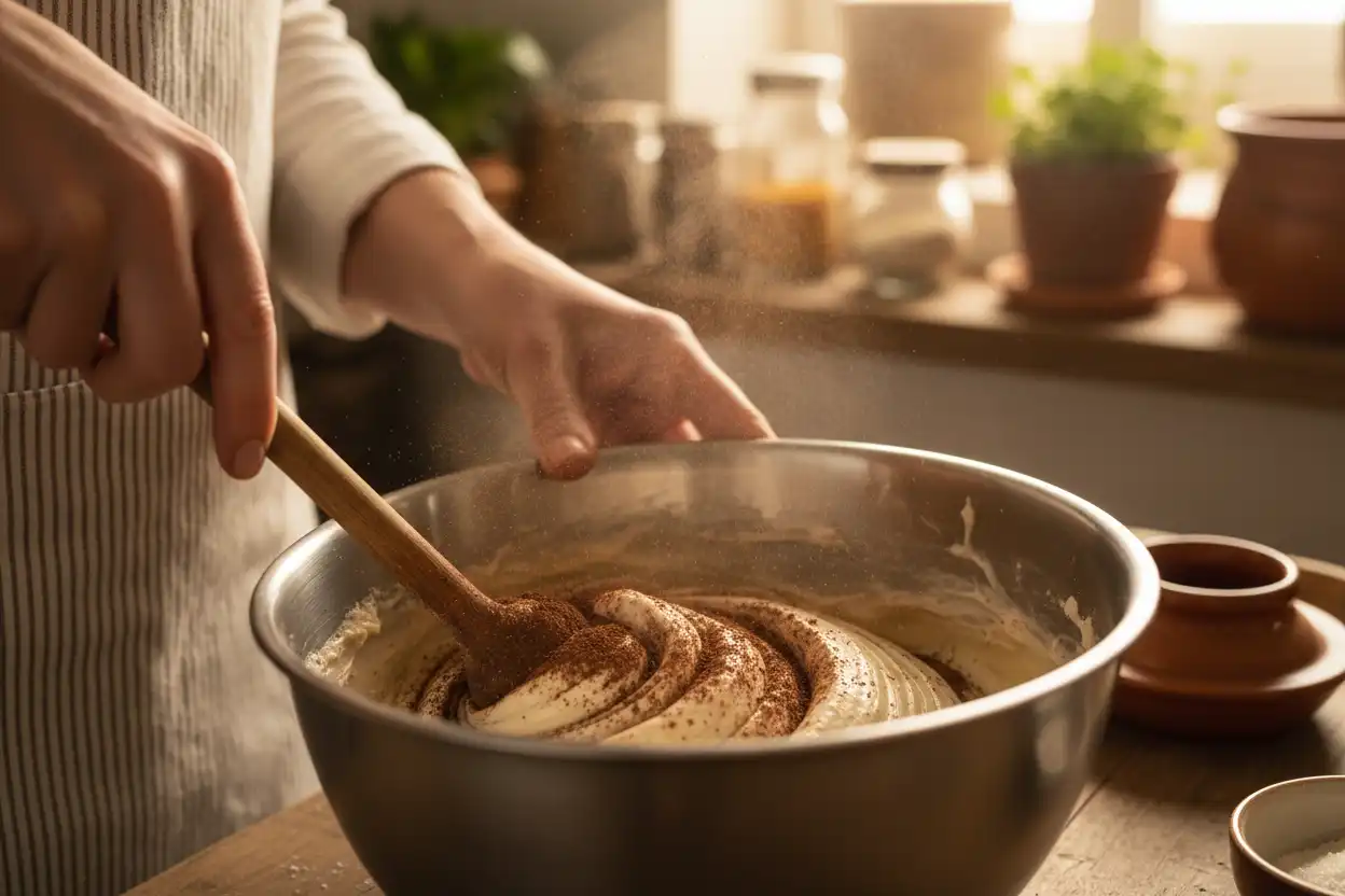 Hand mixing cocoa powder and dry ingredients into wet butter mixture
