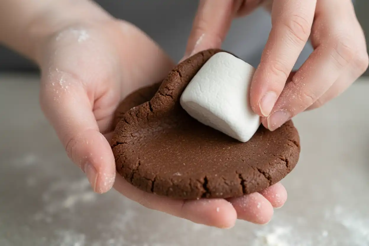 Hands wrapping chocolate dough completely around a white marshmallow half