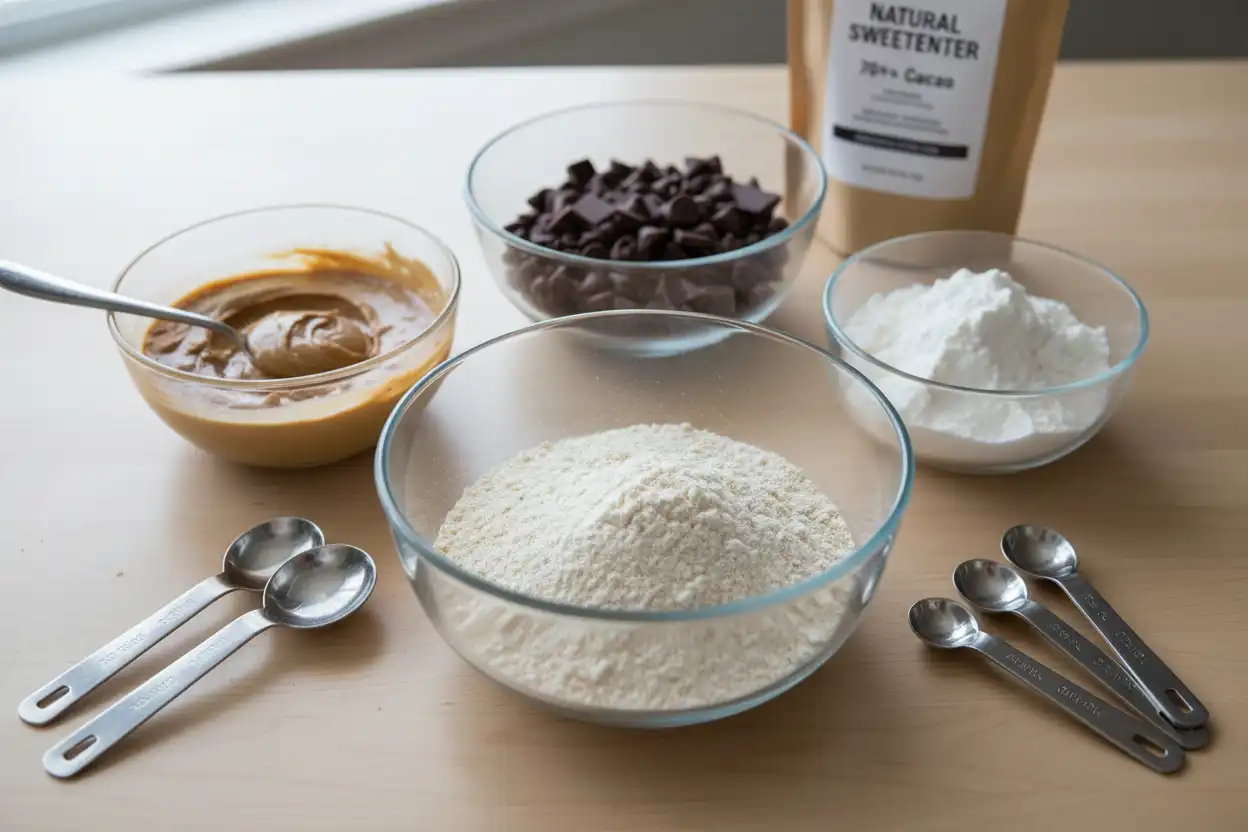 Ingredients laid out in glass bowls showing oat flour, nut butter, protein powder, and dark chocolate chips