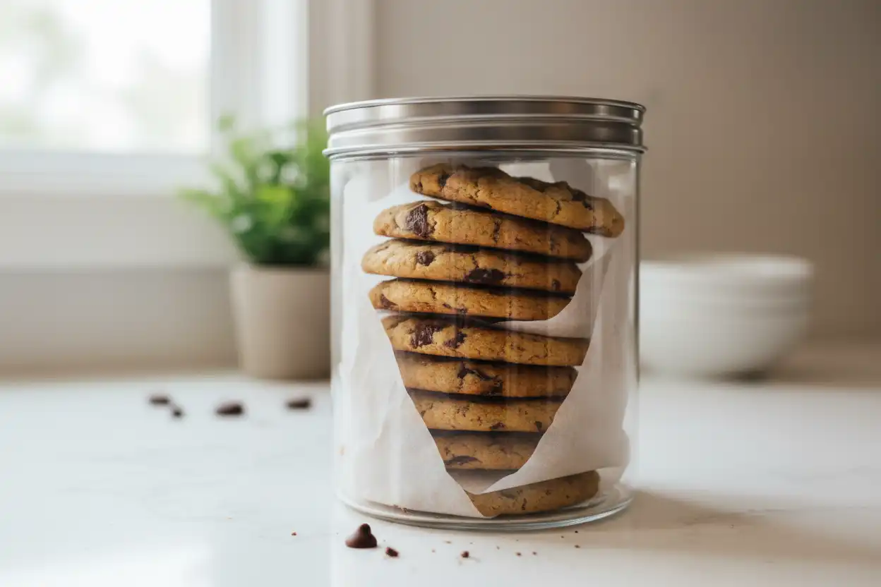 Keto cookies arranged neatly inside a glass airtight container with sheets of parchment paper separating layers