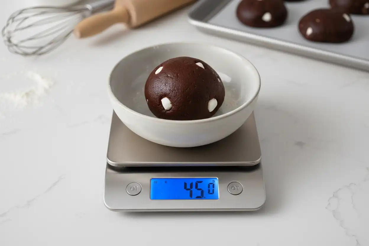 Kitchen scale displaying 45 grams of chocolate cookie dough