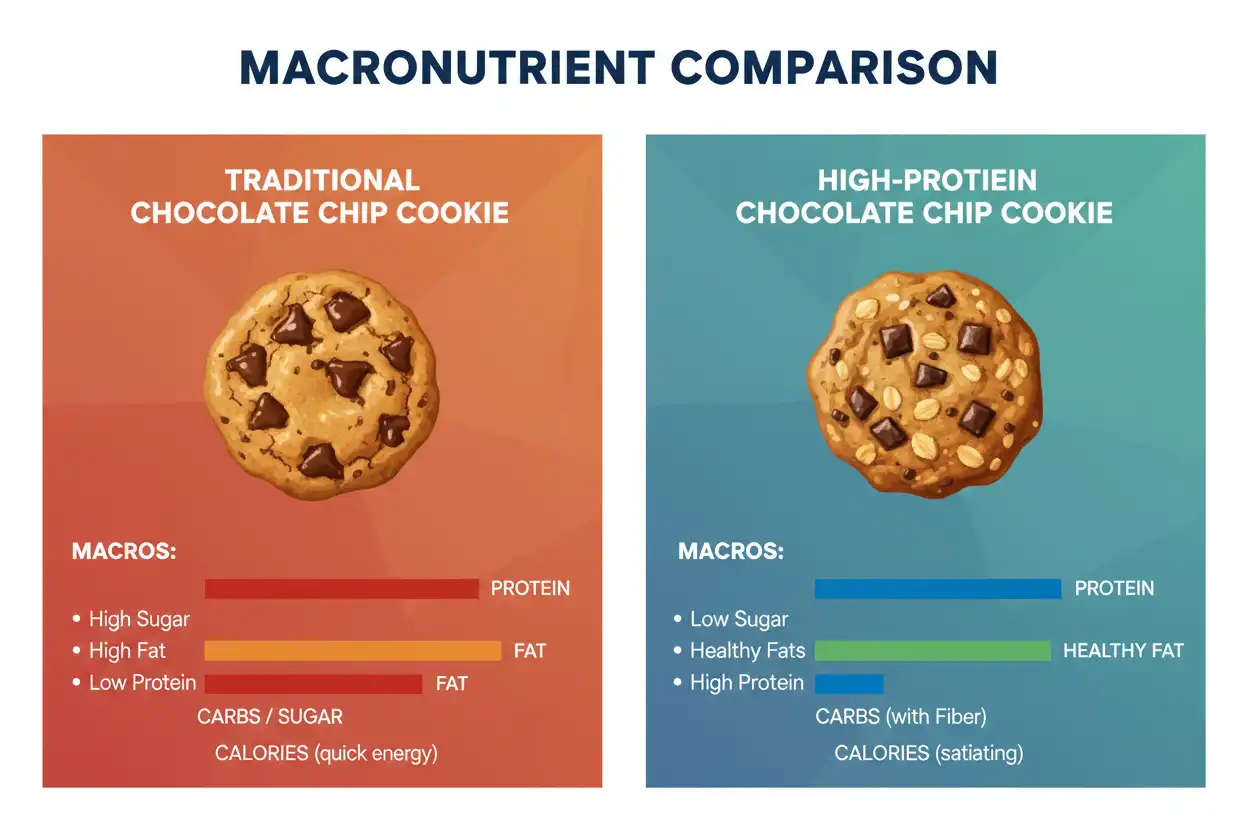 Macronutrient comparison chart between traditional cookies and high-protein cookies