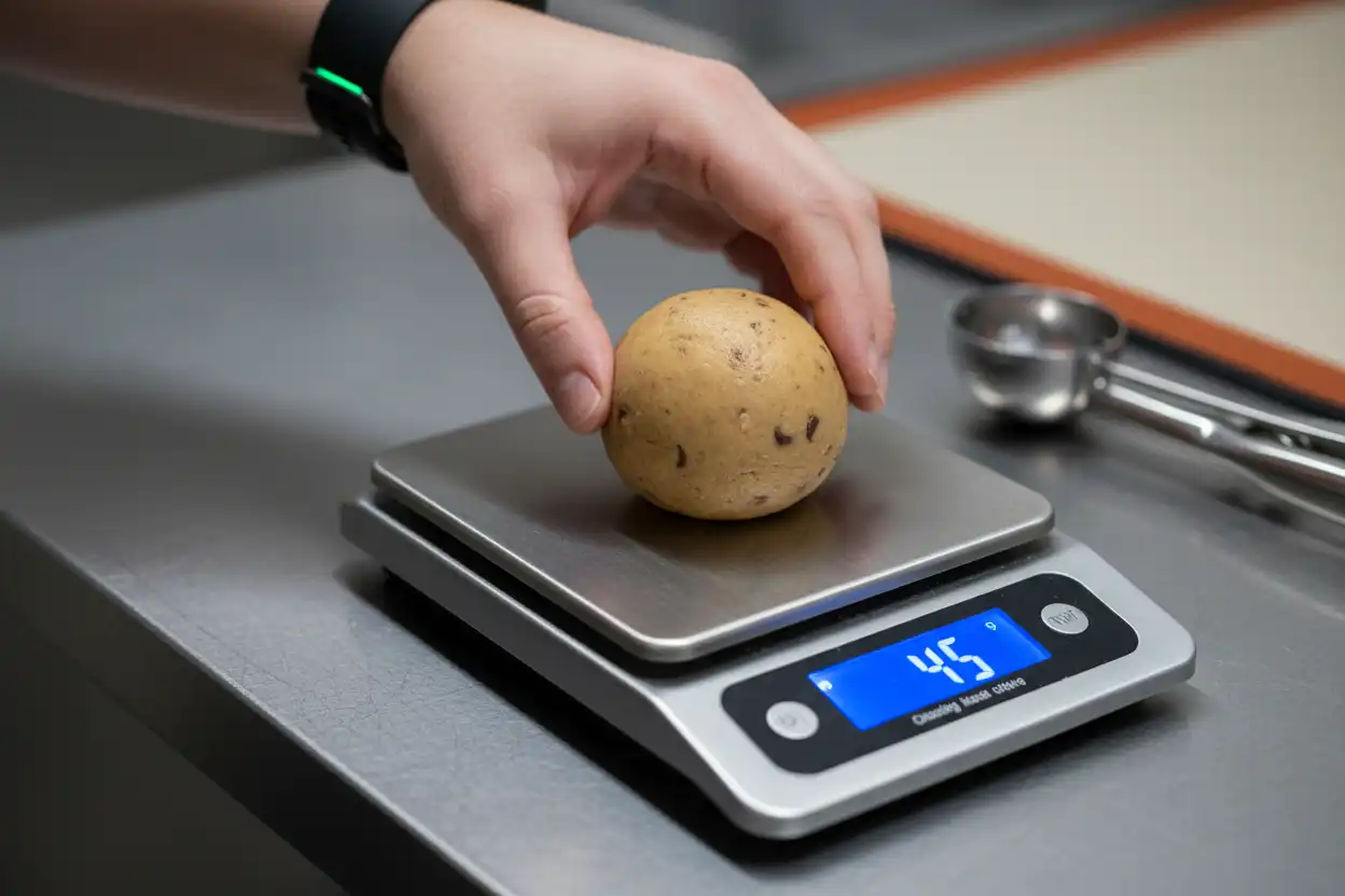 Measuring dough ball weight on a digital kitchen scale for consistent baking