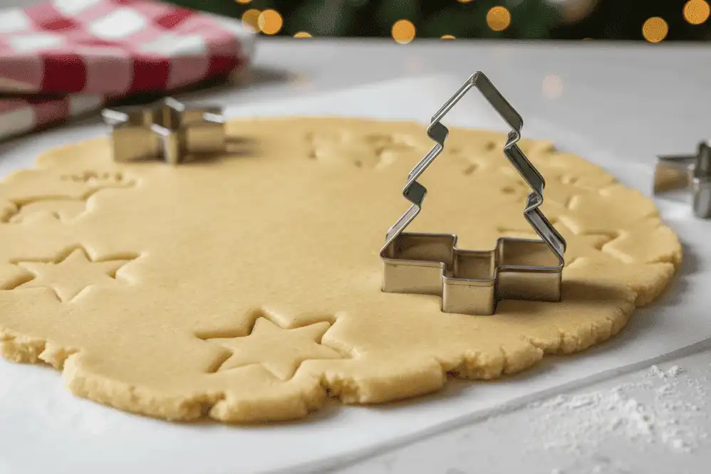Metal holiday cutters stamping out festive shapes from chilled dough with clean edges
