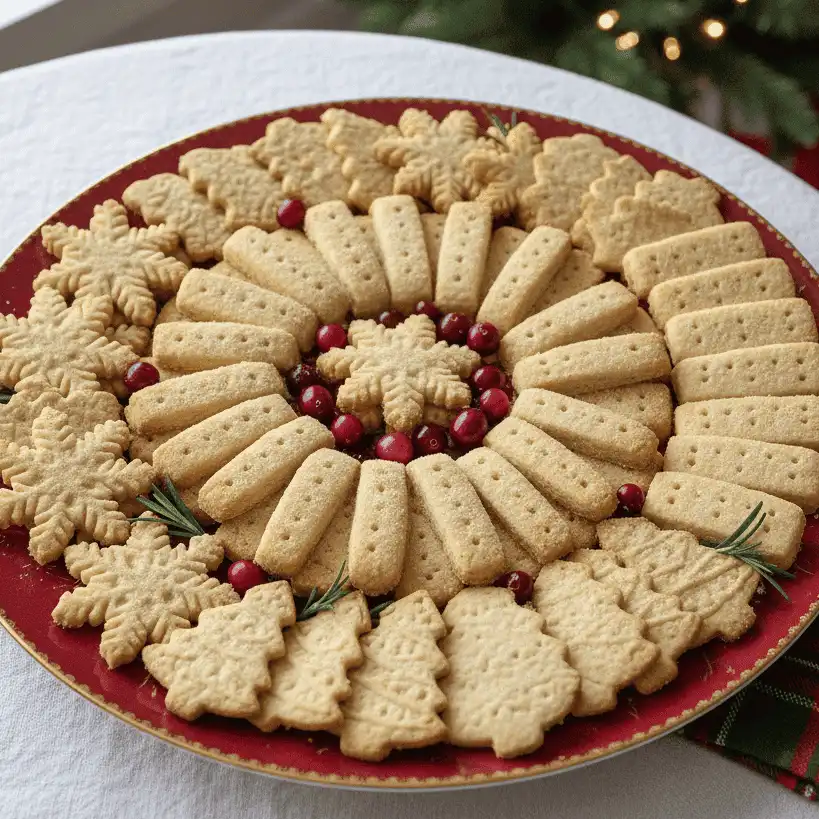 Overhead display of beautifully cut, golden-edged Christmas shortbread cookies arranged on a festive holiday platter