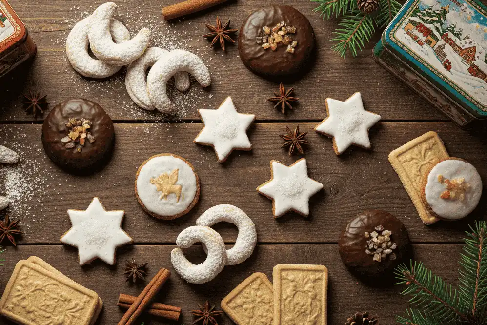 Overhead flat lay of an authentic German Christmas cookie spread on dark wood, featuring Vanillekipferl, Zimtsterne, Elisenlebkuchen, and Springerle alongside raw spices and vintage metal tins
