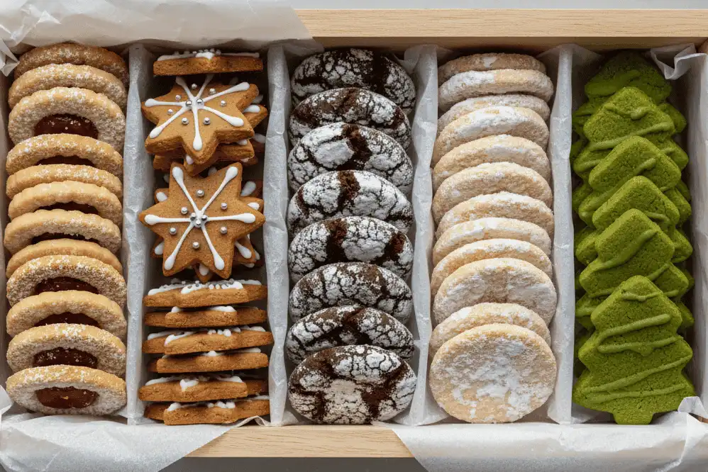 Overhead flat-lay shot of a beautifully assembled wooden holiday cookie box featuring 6 distinct varieties with parchment dividers