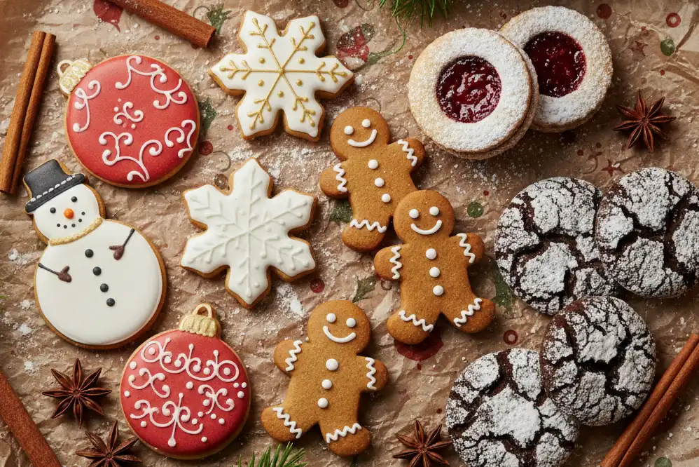 Overhead holiday spread of decorated gluten free christmas cookies, including iced sugar cookies, gingerbread men, and linzer cookies on festive parchment