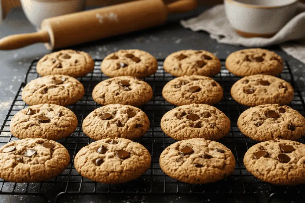 Overhead shot of a freshly baked batch of thick, golden-brown Crisco chocolate chip cookies on a cooling rack
