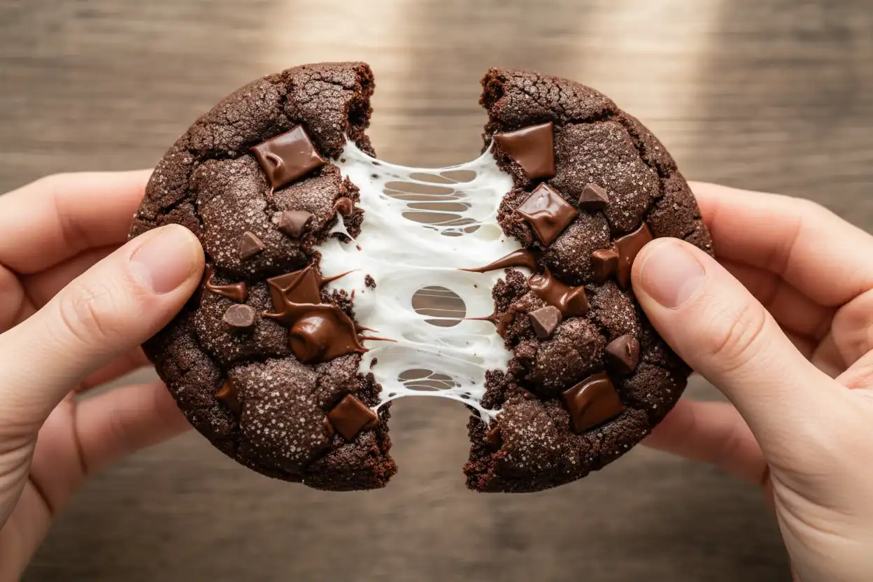 Overhead shot of freshly baked chocolate marshmallow cookies with warm, gooey centers pulled apart