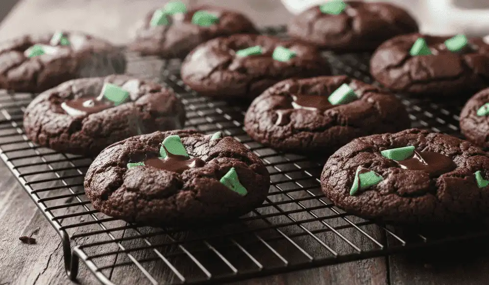 Overhead shot of warm, fudgy chocolate mint cookies with melted mint chocolate chunks on a rustic cooling rack