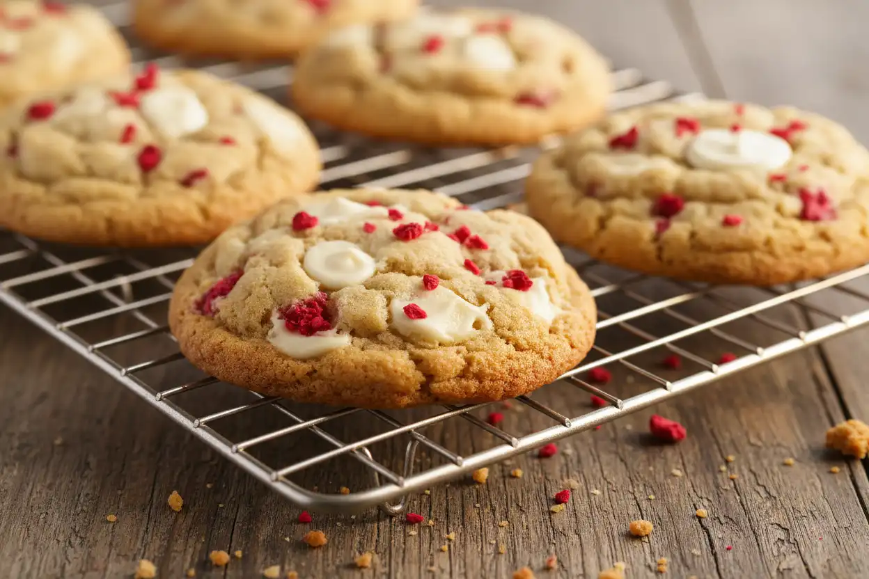 Overview shot of warm white chocolate raspberry cookies resting on a wire cooling rack