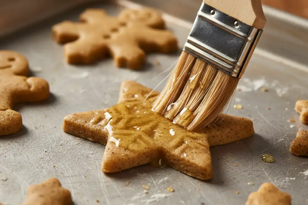 Pastry brush applying an egg wash sheen to unbaked gluten-free spiced holiday cookies