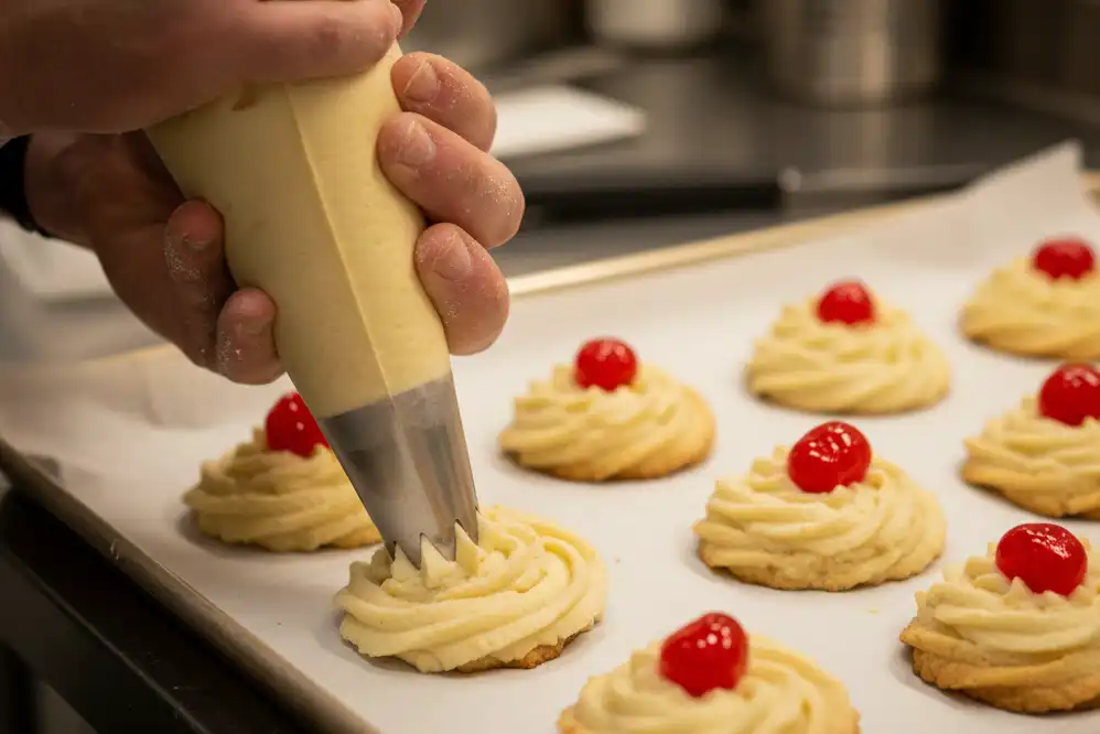 Piping rosette-shaped gluten-free whipped shortbread dough onto a parchment-lined baking pan using a star tip