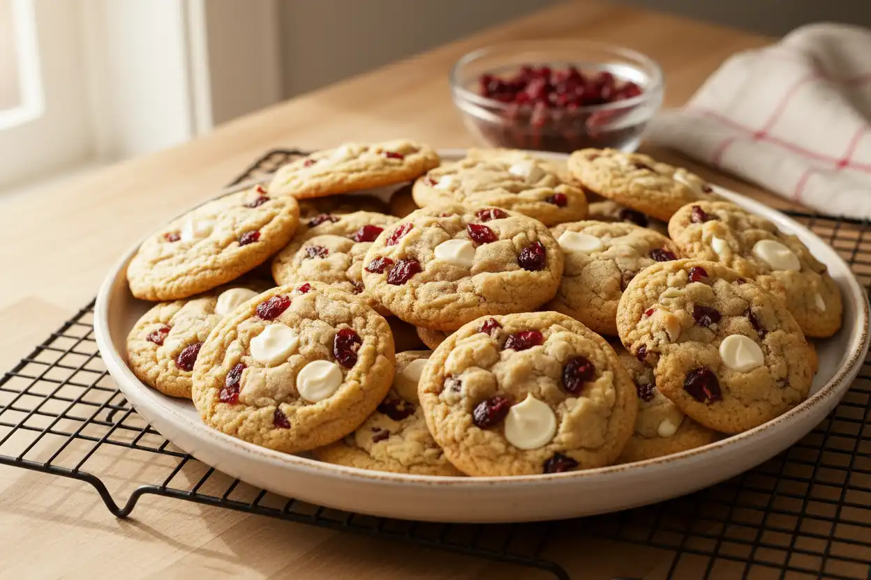 Platter of warm cranberry white chocolate cookies on a cooling rack