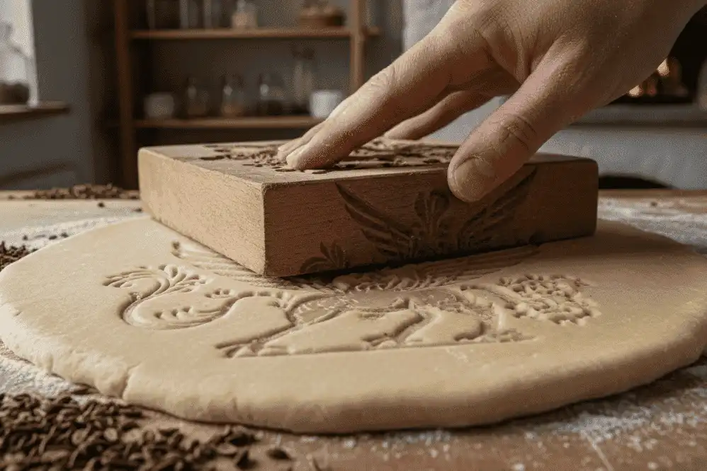 Pressing a carved wooden Springerle mold into firm egg dough to create detailed raised pictorial reliefs