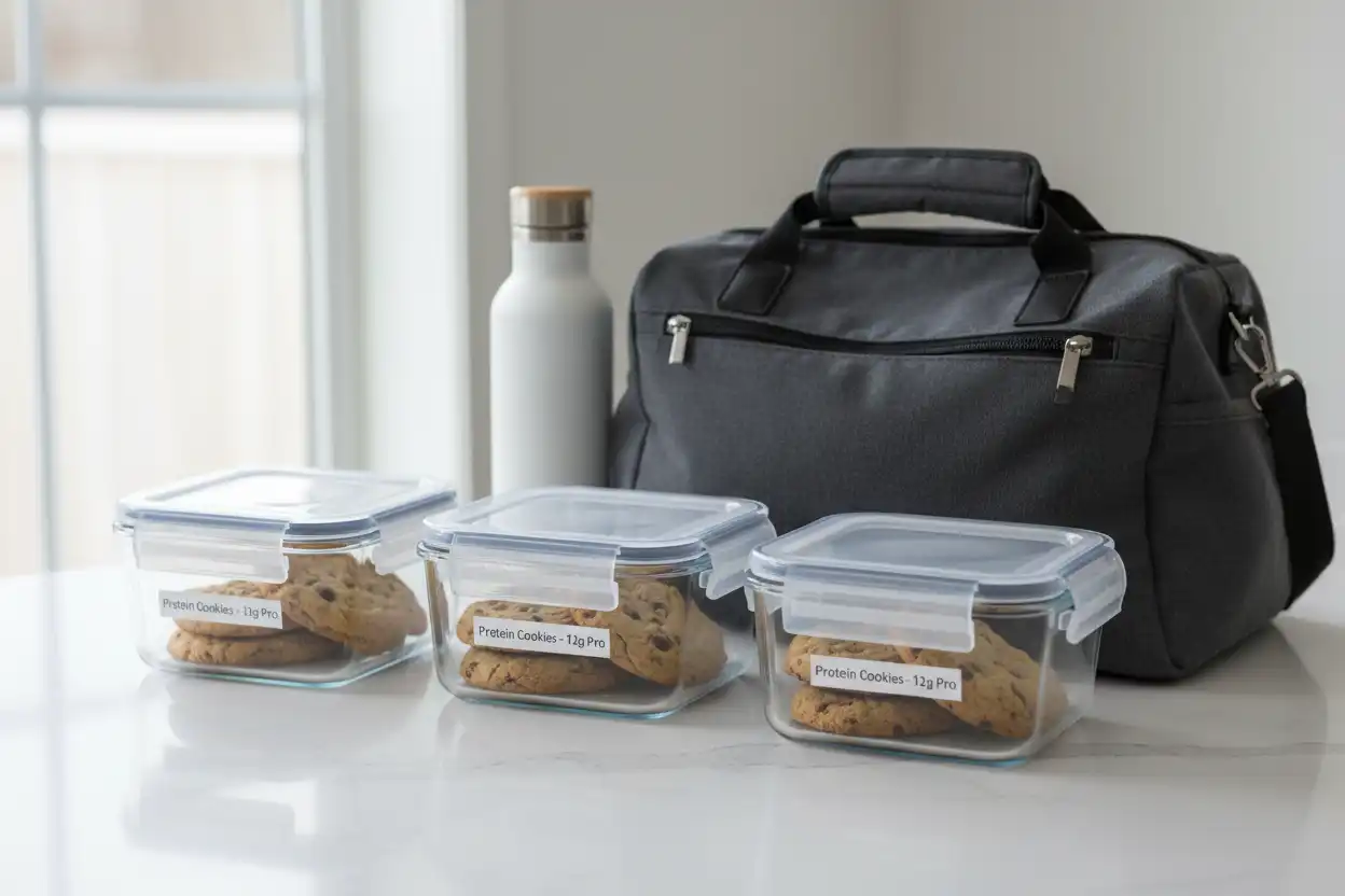 Protein chocolate chip cookies packed in airtight glass meal prep containers