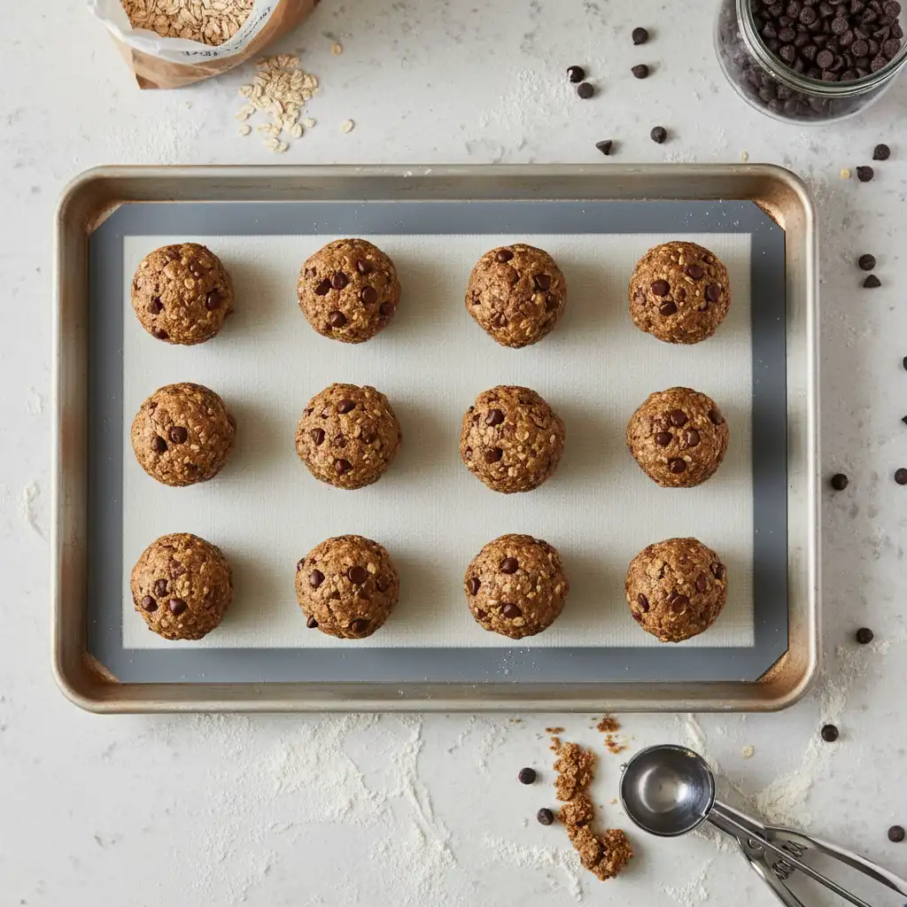 Raw dough balls arranged on a silicone baking mat before entering the oven